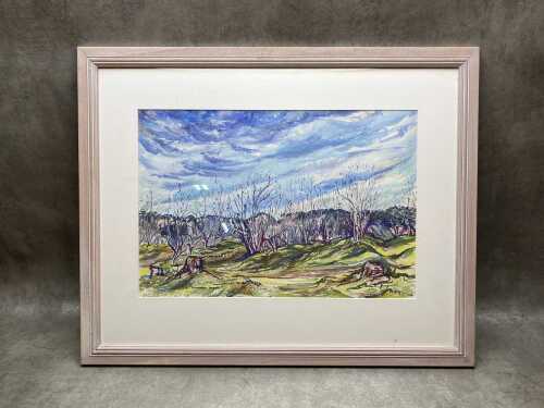 Betty Jungwirth, Lowering Sky, Red Hill Orchard. Watercolour and gouache painting on Arches paper