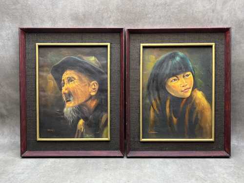 Pair of mid-century Chinese portraits (2). Two oil paintings on canvas
