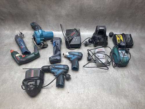 Assorted battery-powered hand tool skins, chargers and batteries