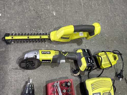 Crate of assorted power tools including Ryobi