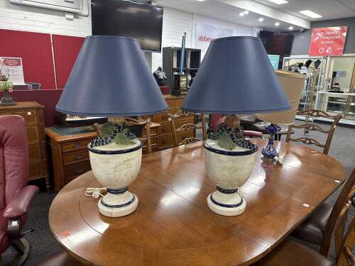 Pair of mid-century Mexican glazed ceramic table lamps with applied fruit design