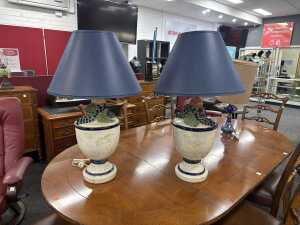 Pair of mid-century Mexican glazed ceramic table lamps with applied fruit design