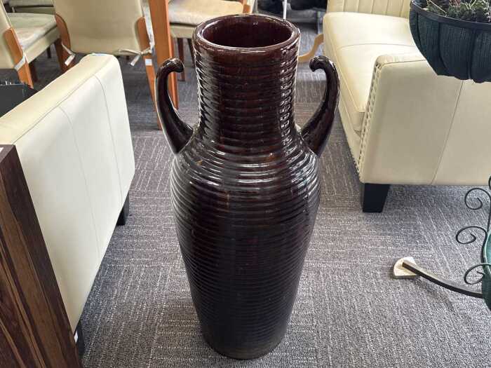 Ceramic ribbed brown glazed twin handled floor vase