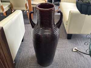 Ceramic ribbed brown glazed twin handled floor vase