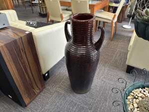 Ceramic ribbed brown glazed twin handled floor vase - 3