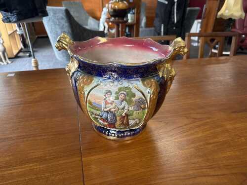 Vintage Strasburgware cobalt porcelain jardiniere with gilt highlights
