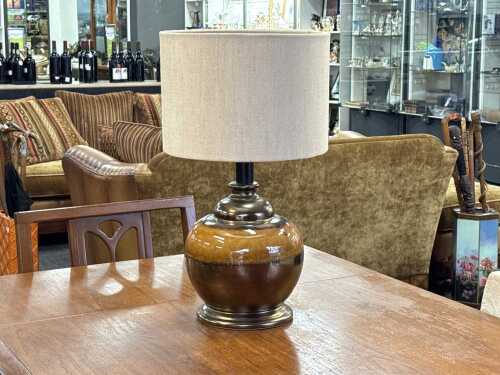 Vintage ceramic lamp with brown glaze and beige fabric shade