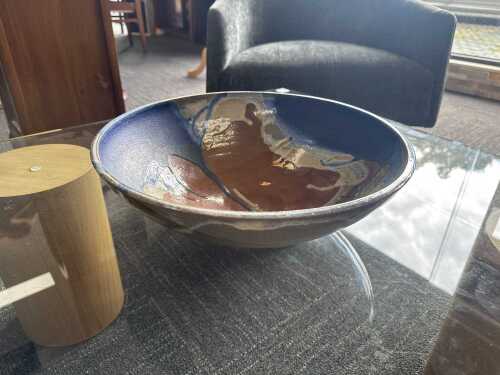 Studio pottery centerpiece bowl in brown and blue tones
