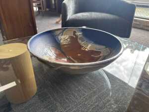 Studio pottery centerpiece bowl in brown and blue tones
