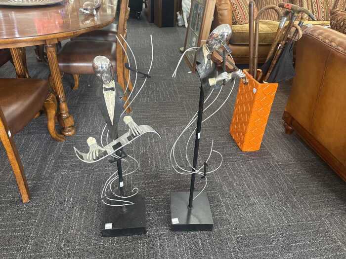 Two contemporary metal wire musician figures on timber bases