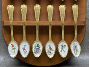 Set of 12 gold plated and enamel spoons with bird designs - 3