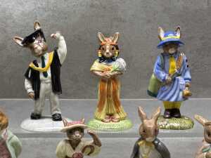 Six Royal Doulton porcelain Bunnykins and one Royal Doulton figure. - 2