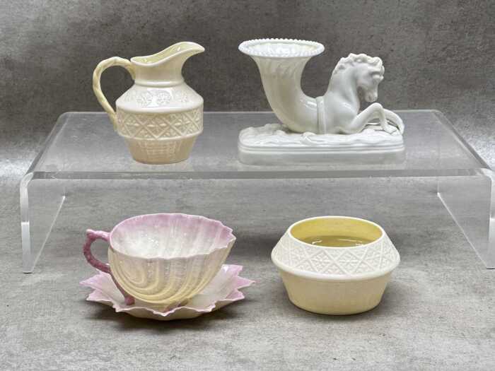 Four Belleek porcelain pieces