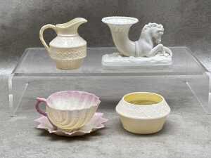 Four Belleek porcelain pieces