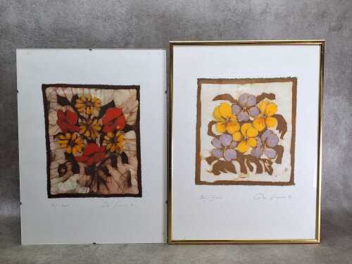 Artist unknown, flowers (2), 1980 and 1982 (2). Two framed batik prints on cotton