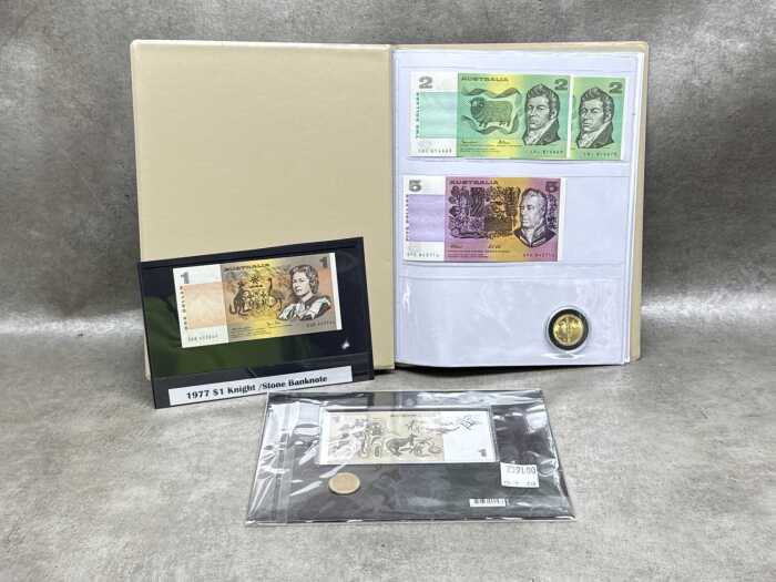 Australia $1 Last Note and First Coin uncirculated pack together with $1, $2 and $5 banknotes.