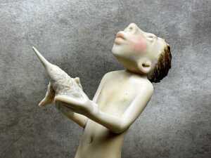 Whimsical resin figure of a boy and a bird on base - 2