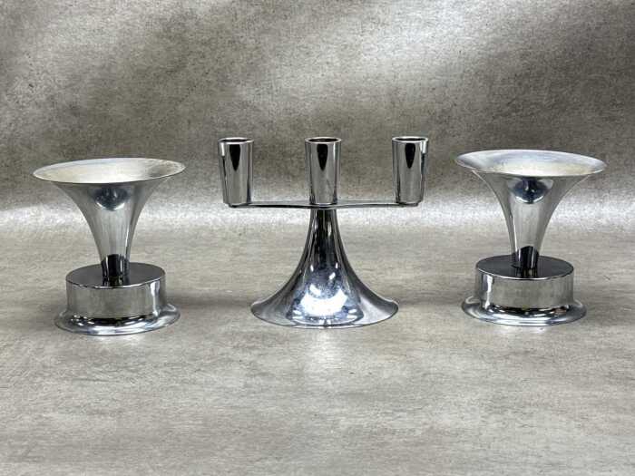 Three mid-century modern metal candle holders