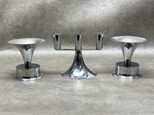 Three mid-century modern metal candle holders