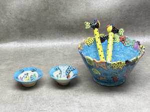 Natalie and Mark Apperly, studio pottery salad bowl and condiment bowls with servers, 1990s