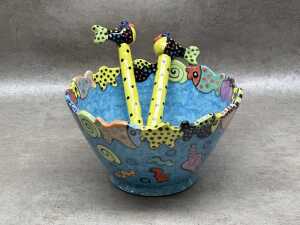 Natalie and Mark Apperly, studio pottery salad bowl and condiment bowls with servers, 1990s - 2