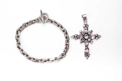 An amethyst cross and bracelet in sterling silver