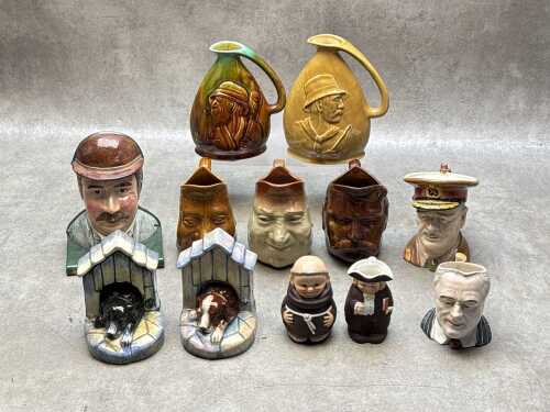 Collection of ceramic bookends, character and Toby jugs