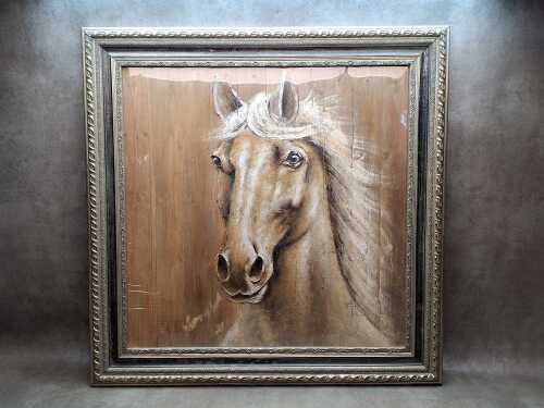Artist unknown, horse. Oil painting on timber palings