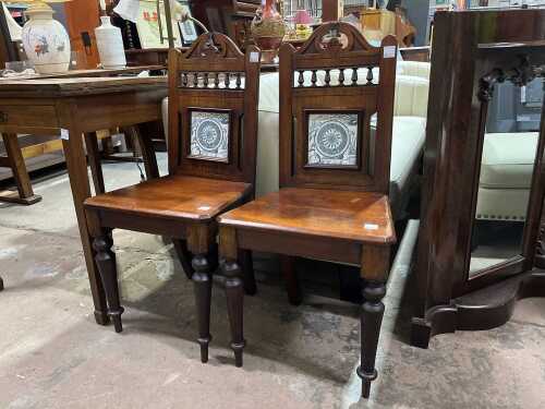Pair of Victorian arts and crafts style hall chairs