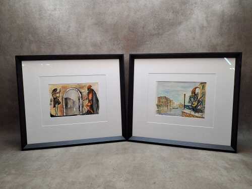 Artist unknown, Venetian canal scenes with masked characters, 1987 (2). Pair of watercolour paintings on paper