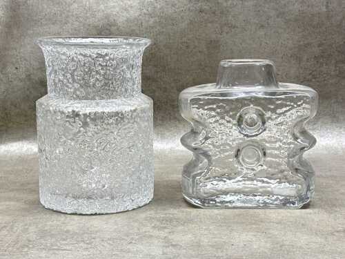 Two vintage Brutalist art glass vases with thumbprint design.