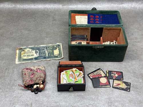 Vintage Japanese games box, together with 1942 Japanese Invasion banknote