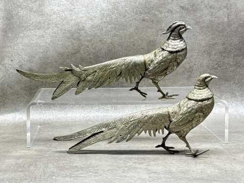 Pair of vintage cast metal pheasant figures
