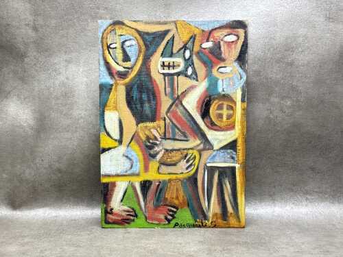 Pasquale S., cubist style figures. Unframed oil painting on canvas board