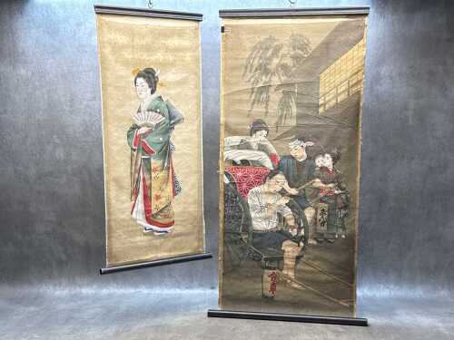 Two antique Japanese silk paintings applied to paper scrolls