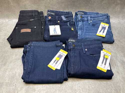 Five pairs of designer-style jeans, size 6. New with tags