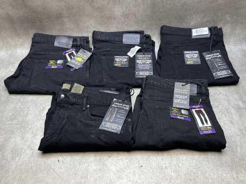 Five pairs of men's designer-style jeans, size 40. New with tags