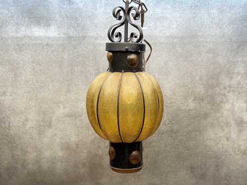 Vintage amber crackle glass pendant lamp with metal fixtures