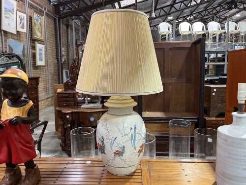 Oriental design ceramic table lamp with crackle glaze and bird and floral transfer design