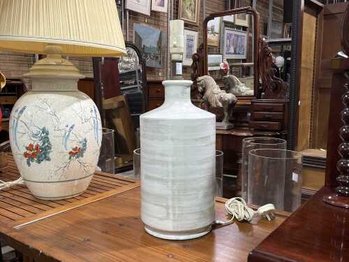 Vintage cylinder table lamp in neutral tones