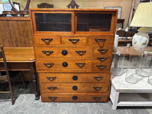 Oriental style three-piece elm wood tansu chest