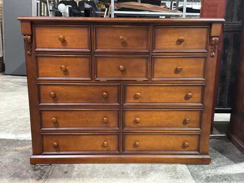 Timber chest of drawers with drop-front compartment