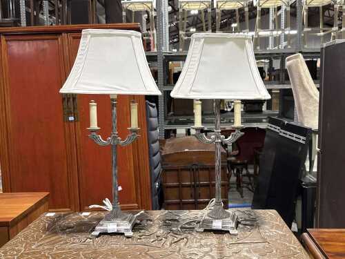Pair of metal antique-look patinated table lamps