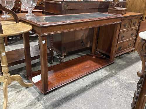 Two-tier glass top timber console table