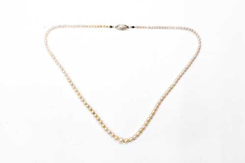 A strand of graduated cultured pearls to a silver clasp.