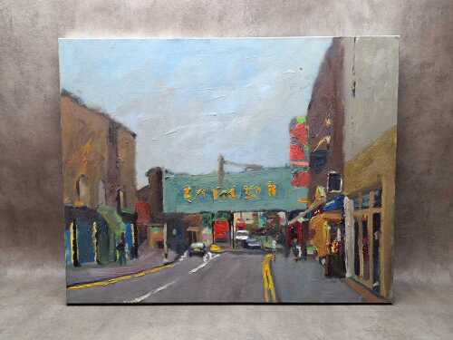 Artist unknown, (Modern urban streetscape), oil painting on canvas