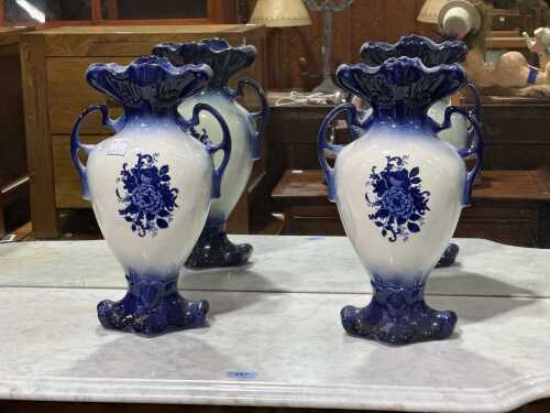Pair of blue and white floral porcelain twin-handled vases