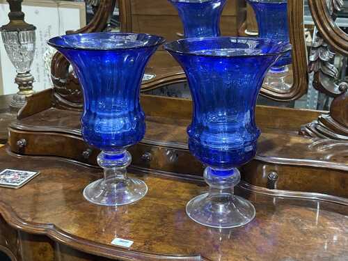 Pair of cobalt blue hurricane vases.