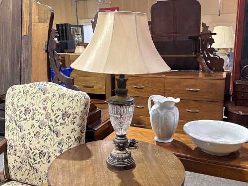Vintage brass and glass lamps with fabric shade.