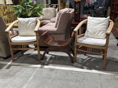 Odd mix, but here we go...! Two-piece teak outdoor patio set and a Roman chair for the extra visitor